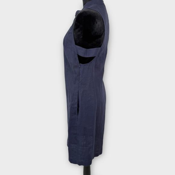 Nomia Linen Dress Size 10 Navy Blue Side Cut Outs Pockets Minimalist Made in USA - Picture 4 of 9